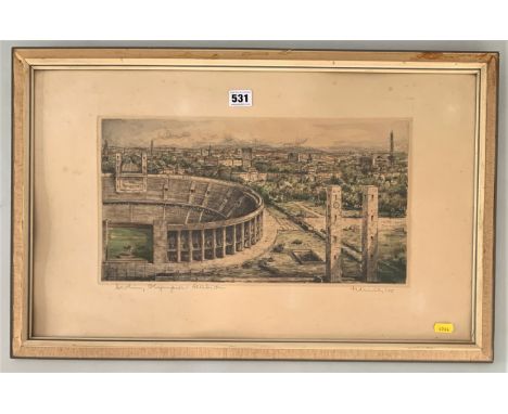 Signed lithograph of Olympia Stadium, Berlin with watermark from Berlin. Image 16.5" x 9", frame 26.5" x 17"