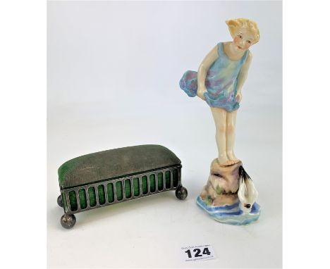 Royal Worcester girl figure 'Sea Breeze' modelled by F. G. Doughty, 8.5" high and EPNS pin cushion box 6" long