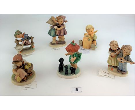 6 Hummel figures- 'Tellin her Secrets' 196 (6"), 'Chick Girl' 57, 'Happy Days' 150, 'Barnyard Hero' 195, 'Girl with Kittens' 