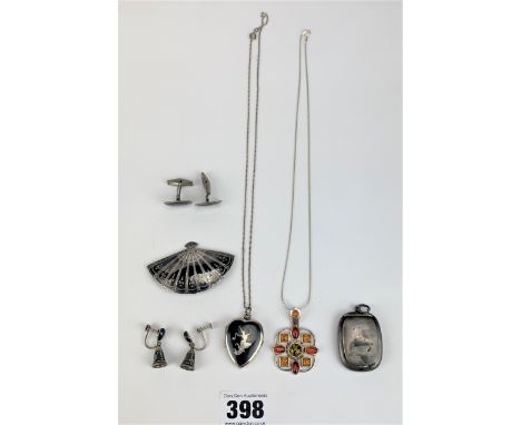 Assorted silver jewellery inc. 2 necklaces with pendants, fan brooch, snuff box pendant, pair of silver/enamel earrings and p