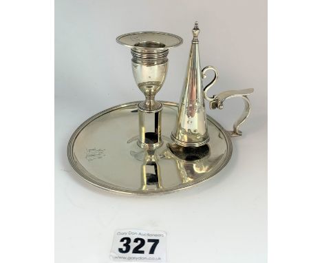 George III silver chamber stick, London 1790. Maker Henry Chawner. Circular base with tulip shaped detachable nozzle and coni