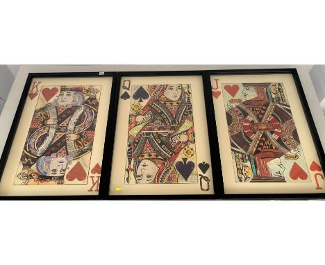 3 large collage framed playing cards, images 21" x 33", frame 23.5" x 35.5"