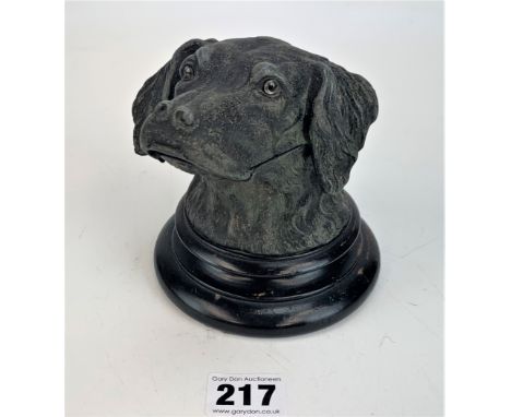Spelter dog's head inkwell with ceramic  inkpot, 5" high