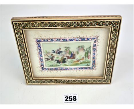 Painted panel of hunting scene in inlaid frame, 7.5" x 6"