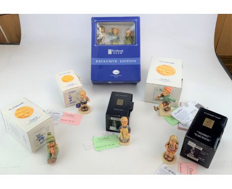 6 Boxed Hummel figures- 'Sound the Trumpet' 303 ( 3"), 'No Thank You' 1064, 'On Parade', exclusive ed. 3 figure set, 'One, Tw