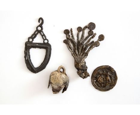 Three Pilgrim Pewter badges and one Lead Pilgrims bell 13th/14th Century. Three Pilgrim Pewter badges including a brass bract