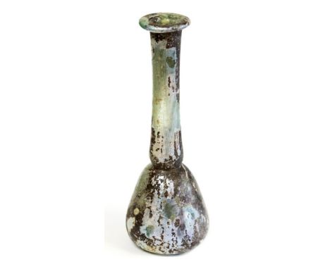 Roman glass ungentarium of the candlestick type. It has a wide body 47 mm wide with a tall neck 15 mm wide and with a flaring