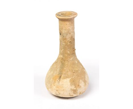 Roman pottery ungentarium. It has a wide body 71 mm wide with a tall neck 24 mm wide and with a flaring mouth 40 mm wide. The