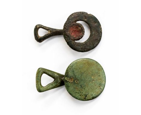 Celtic button-and-loop fasteners. A pair of late Iron age or Romano-British button-and-loop fasteners, both having a discoida