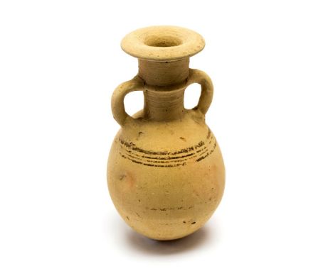 Palestinian pottery jar. It is 108 mm high, has a bulbous body 60 mm diameter with a slim neck 20 mm diameter, with a flaring