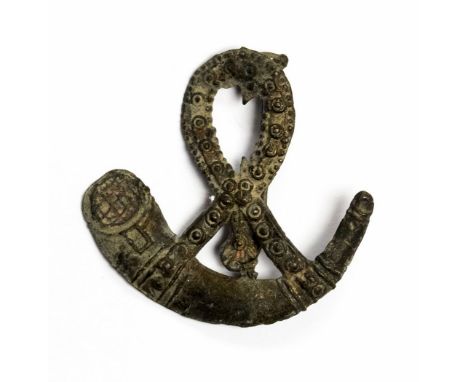 Medieval 'Horn of St Hubert' pilgrim's badge. A pewter badge depicting the hunting horn of St Hubert. Very fine condition and