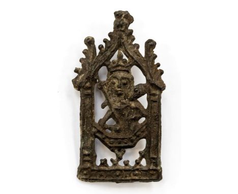 Medieval Mary 'Our Lady Of Willesden' pilgrim's badge. A pewter badge depicting the Virgin and Child within an angular cresce