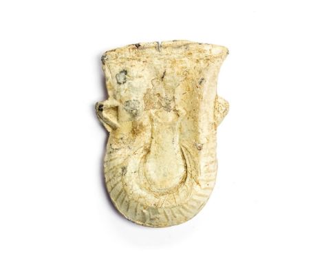 Medieval lead flask-shaped pilgrim's ampulla. One face bears an image of a pouch with hatching below, the other has a large a