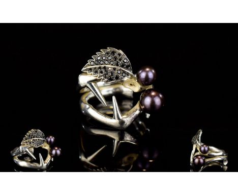 Shaun Leane Silver And Synthetic Pearl Ring Blackthorn cluster ring with thorn and black spinel set leaf detail and faux pear