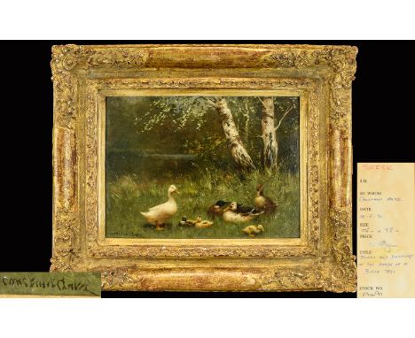 Constant Artz (Dutch 1870-1951) Original Oil On Ply-Panel 'Ducks And Ducklings In The Shade Of A Birch Tree Early 20th centur