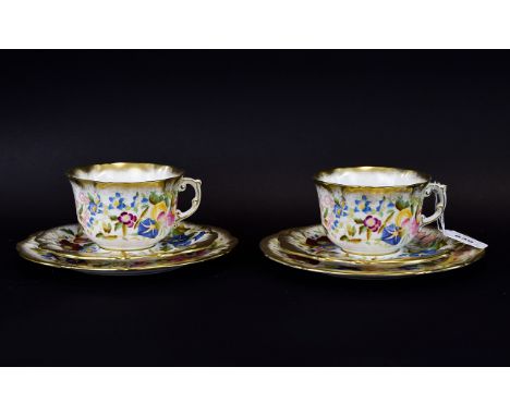 Hammersley Two Breakfast Cups and Saucers and two 8 inch plates. Queen Ann Pattern with heavy fancy gold pattern.