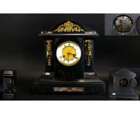 Junghans - Germany Late 19th Century Large and Impressive Black Slate and Marble Mantel Clock. 8 Day - Day Striking on a Gong