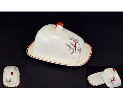 A Rare Crown Devon 'Stockholm' Pattern Butter Dish Very good condition, lidded butter/cheese dish, marked to base 'Stockholm,