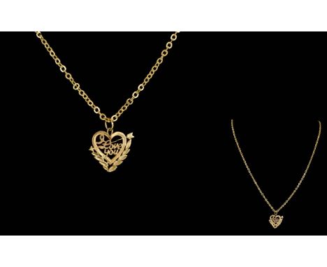 A 9ct Gold Heart Shaped Pendant with Arrow Through and The Words ' I Love You ' to Centre, with Attached 9ct Gold Chain. Leng