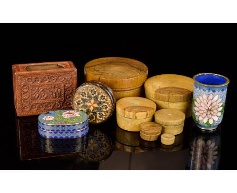 A Small Collection of Antique Items ( 5 ) In Total. Comprises Treen Circular Box, Ornate Carved Match Box Holder, Circular Pa