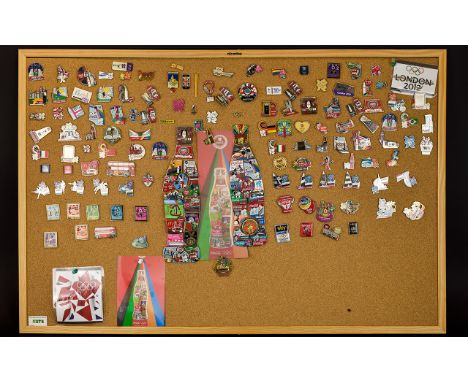 Olympic Interest London 2012 A Large Collection Of Enamel Pin Badges Over 100 items, presented on cork board, to include two 