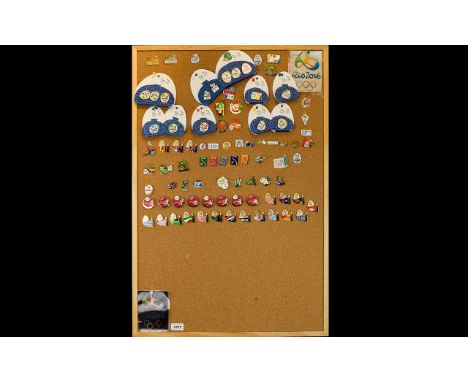 Olympic Interest Rio 2016 Collection Of Enamel Pin Badges Over 70 items, each in good condition, presented on cork board to i