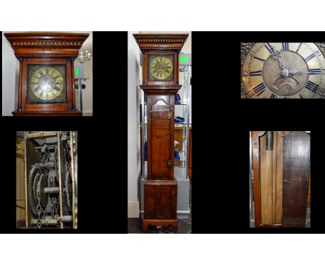 George II - Flat Top Oak Cased Long Case Clock with Brass 10 Inch Square Dial. The Dial with 30 Day Calendar Aperture. c.1730