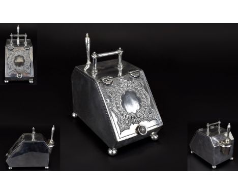 Walker and Hall Silver Plated Tea Caddy in the form of a Coal Scuttle and shovel circa 1900. 5 inches high 5.5 inches deep 3 