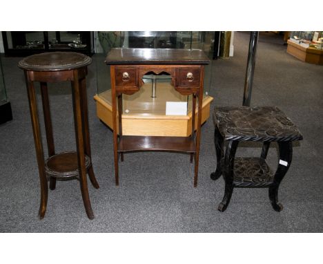 A Small Collection Of Occasional Furniture Three items in total to include small ebonised table with carved oriental detail, 