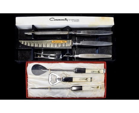 A Vintage Stainless Steel Carver Set By Oneida Boxed carving set to include carving knife, fork and sharpener. Also a vintage