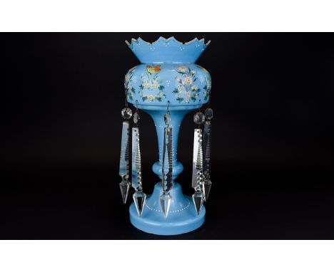 Victorian Blue Glass Lustre Painted enamel floral, foliate, and butterfly decoration with fluted edge and glass prisms ( two 