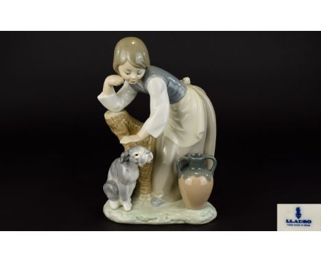 Lladro Porcelain Figure ' Caress and Rest ' Girl Patting Dog. Model No 1246. Issued 1972 - 1990. Sculpture Juan Huerta. 8 Inc