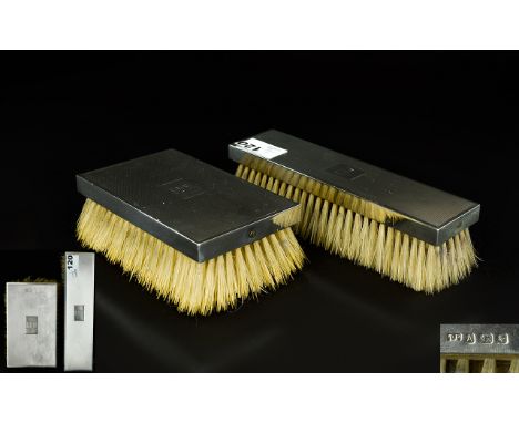 Art Deco Period Pair of Engine Turned Silver Gentleman's Hair Brushes, Pure Bristle. Hallmark London 1936. 