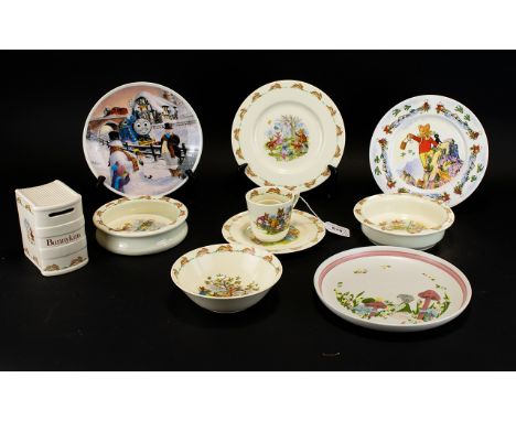 Collection of Bunnykins Pottery to include breakfast bowls, plates, cup, egg cup & money box together with a Rupert Bear plat