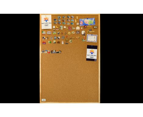 Winter Olympic Interest Salt Lake 2002 Collection Of Enamel Pin Badges Displayed on cork board, all in very good condition. S