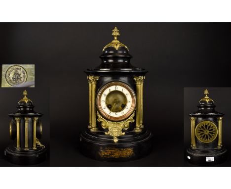 Japy Freres - Paris Impressive French Black Marble Architectural and Cylindrical Shaped Dome Topped 8 Day Mantel Clock. The D