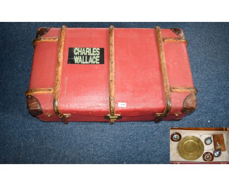 George Henry Lee and Company LTD, Liverpool. Steamer Trunk with wooden strap work. Containing an Oriental charger and inlaid 