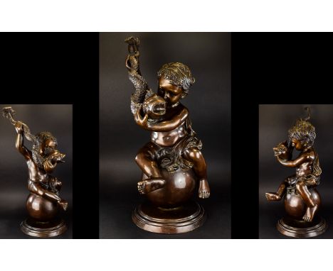 An Early to Mid 20th Century Large and Impressive / Heavy Bronze Figure of a Young Boy ( Putti ) Sitting on a Large Spherical