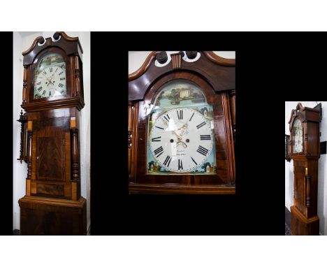 19thC Mahogany Longcase Clock, Painted Dial, Roman Numerals, Subsidiary Seconds And Calendar Aperture. Dial Marked Preston, H