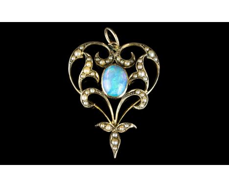 Victorian Period 9ct Gold Very Well Designed and Ornate Opal and Seed Pearl Pendant Drop of Exquisite Form. Marked 9ct Gold. 