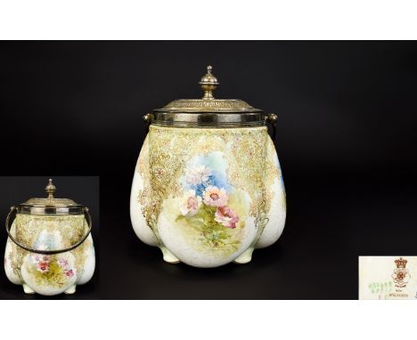 Doulton Burslem Late 19th Century Biscuit Barrel Ceramic footed barrel with plated lid and handle circa 1891 - 1902 Gourd sha
