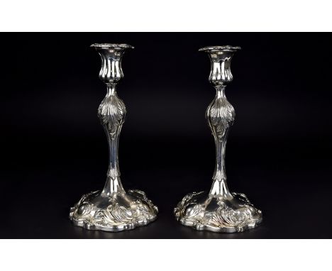 18th Century Style Pair of Silver Plated Cast Candlesticks, of Good Form and Quality. No Marks. Each Candlestick Stands 9.5 I