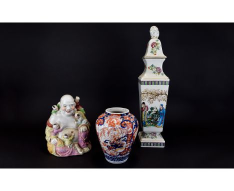 Chinese Ceramic Buddha Figure, Imari Pattern Vase And Large Lidded Vase Three items in total to include vintage Buddha figure