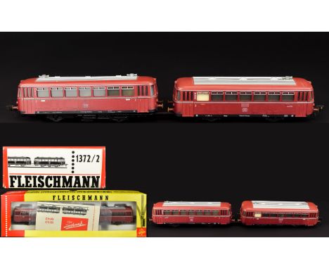 Fleischmann HO - 1372/2 - 1374/2 Double Model - DC2-Rail Maroon Street Cars with Papers & Original Box. c.1960's. Both - Exce