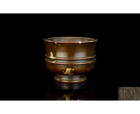 Chinese - Superb Quing Dynasty - Small Bronze / Gold Flash Pot. Mark to Base of XUAN DE - Please See Photos. 2 Inches High & 