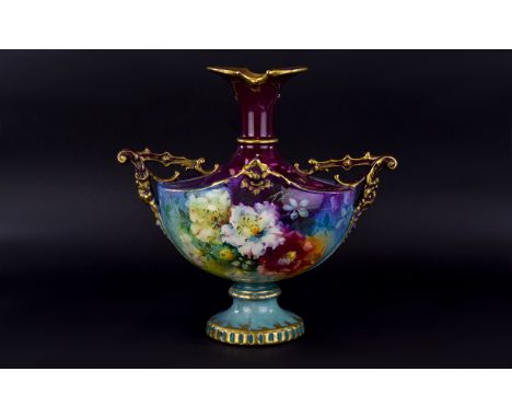 Hadley Style Impressionistic Two Handled Centre Piece decorated in overall ombre tones with graduated violet and blue colourw