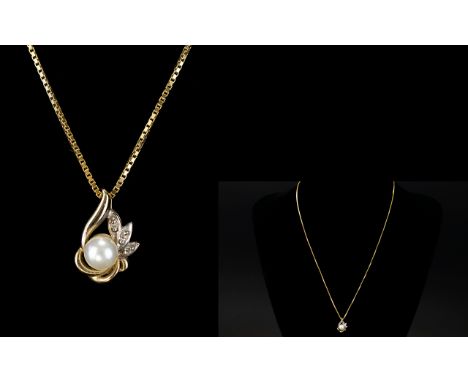 Ladies 9ct Gold - Pearl and Diamond Set Pendant Drop with Attached 9ct Gold Long Chain. Both Fully Hallmarked. 20 Inches In l