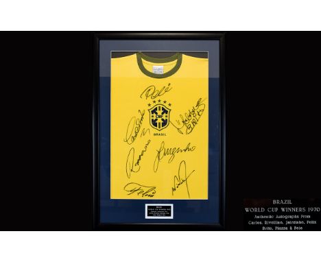 Football Interest Autographed Brazil 1970 World Cup Winners Shirt A rare and immaculately presented piece, framed and mounted