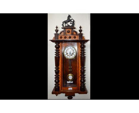 Late 19thC Walnut Cased Vienna Wall Clock, Marked GB For Gustav Becker, White Chapter Dial With Roman Numerals. Spring Driven