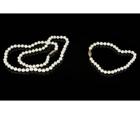 9ct Diamond Set Pearl Necklace and Bracelet Set.